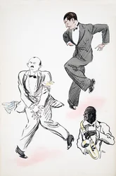 Zwei Herren im Smoking tanzen zu Jazz, den ein Musiker auf dem Saxophon spielt, aus White Bottoms, veröffentlicht 1927
